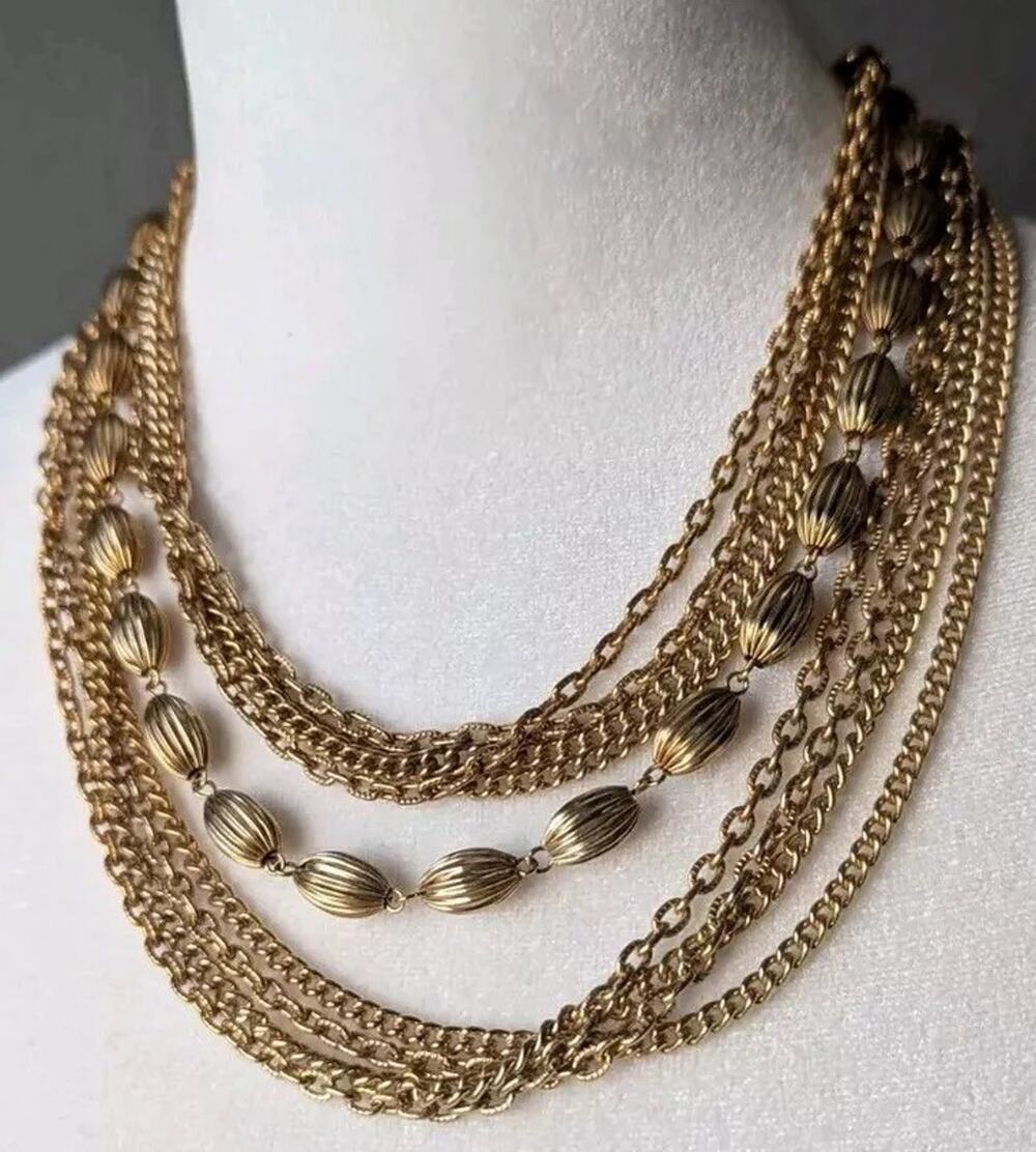 Vtg Gold Tone Multi Strand Chain Necklace Layered Bib Japan 17" Adjustable